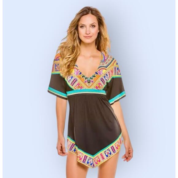 TRINA TURK Women's Nepal Black & Tropical Colors Swim Cover up Dress 6 8 Tunic - Picture 1 of 12